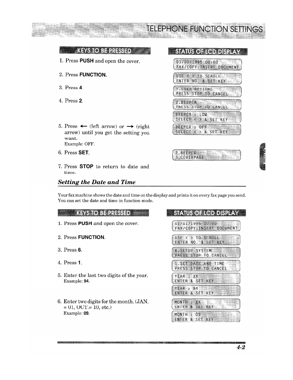 Sehings, Press function, Status of lcd display | Setting the date and time | Brother INTELLIFAX 900 User Manual | Page 29 / 104