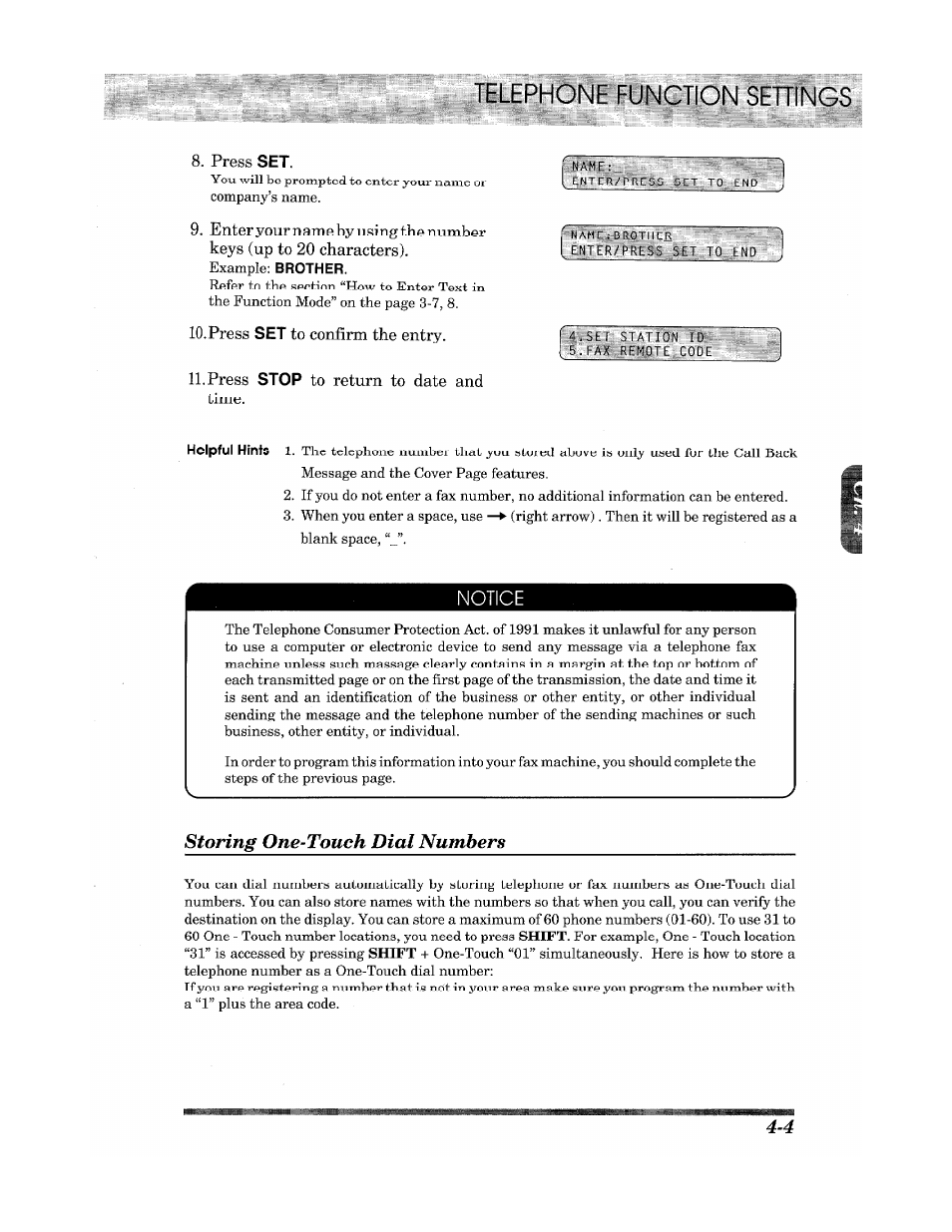 Telephone function settings, Storing one-touch dial numbers | Brother INTELLIFAX 900 User Manual | Page 31 / 104