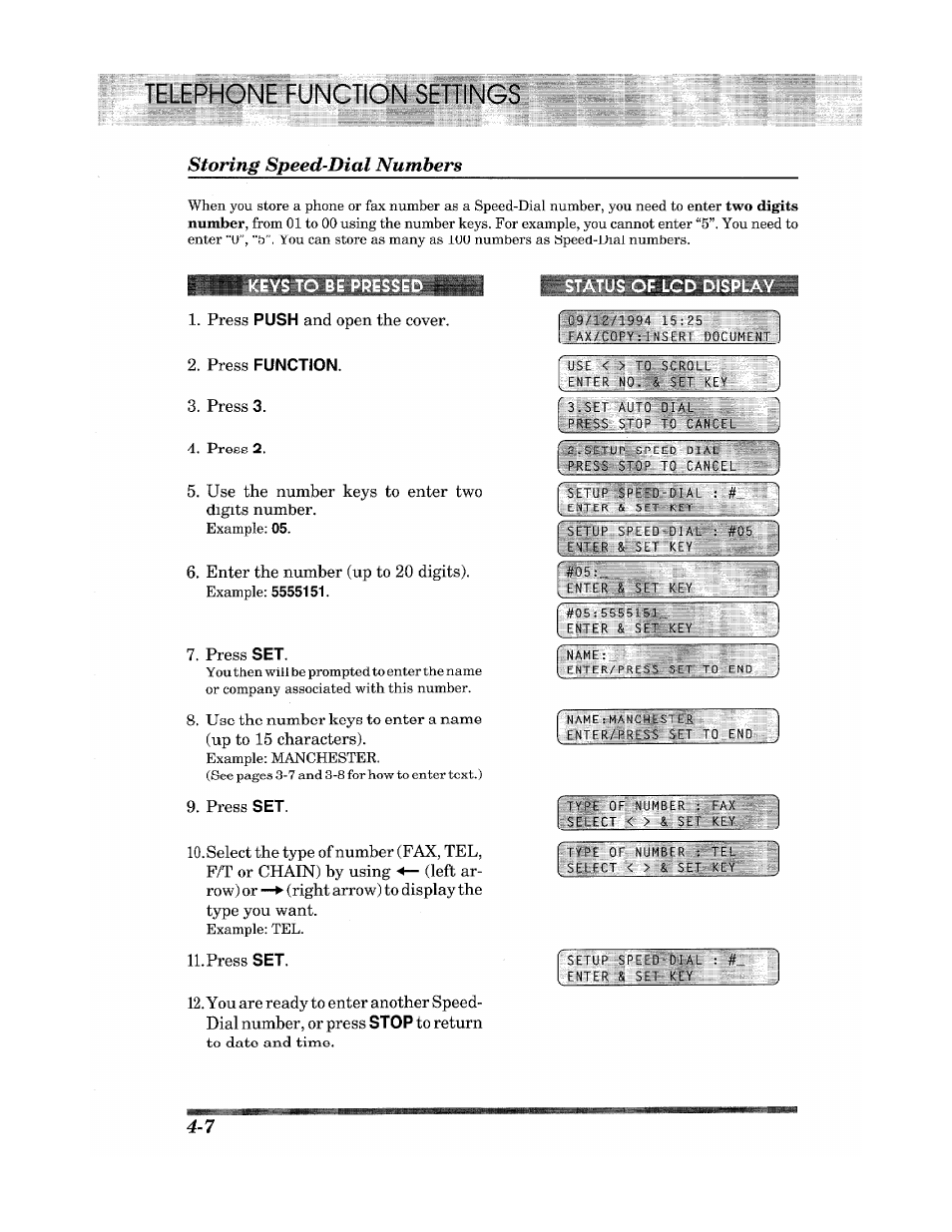 Press function, Telephone function settings, Storing speed-dial numbers | Brother INTELLIFAX 900 User Manual | Page 34 / 104