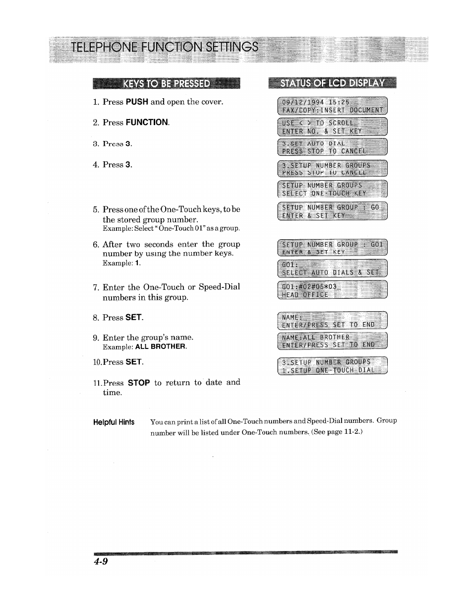 Keys to be presse, Press function, Of lcd display | Telephone function settings | Brother INTELLIFAX 900 User Manual | Page 36 / 104