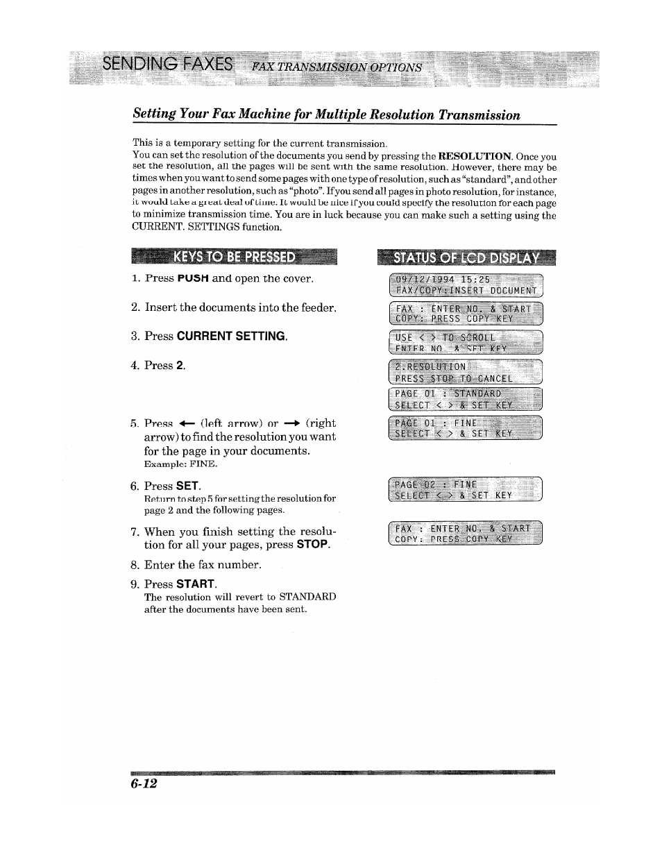 Status of lcd display, Sending faxes | Brother INTELLIFAX 900 User Manual | Page 50 / 104