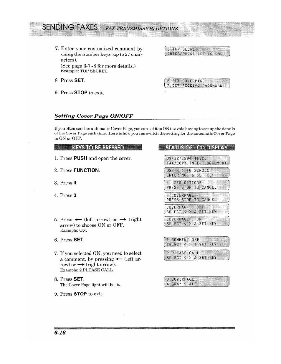 Keys to be pressed, Press function, Of lcd disp | Sending faxes, Setting cover page onfoff | Brother INTELLIFAX 900 User Manual | Page 54 / 104