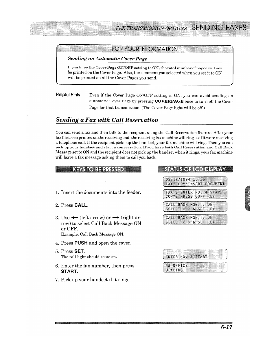 Sending faxes, For your information, Start | Status of lcd display, Jiliilii, Sending a fax with call reservation | Brother INTELLIFAX 900 User Manual | Page 55 / 104