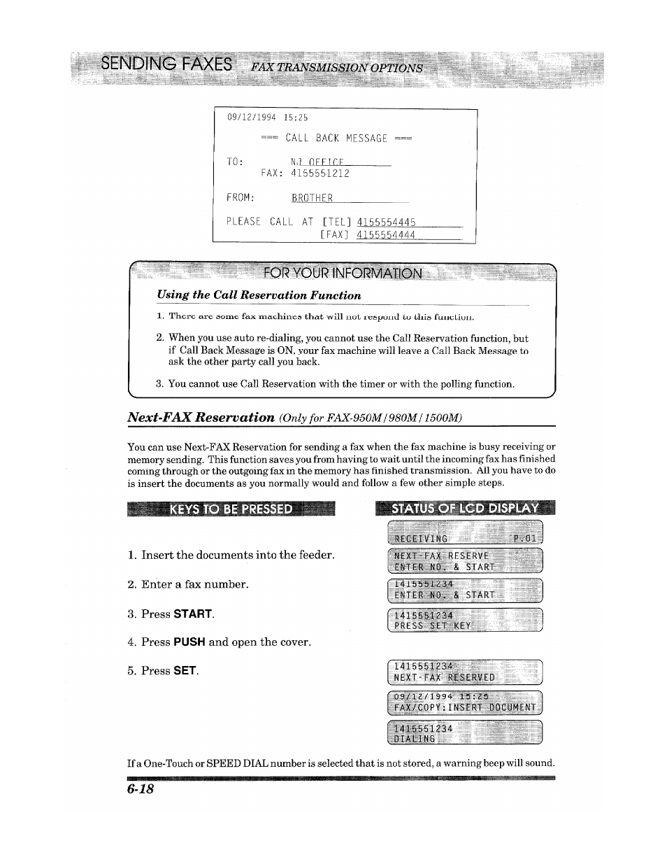 Keys to be pressed, Sending faxes, Next~fax reservation | Brother INTELLIFAX 900 User Manual | Page 56 / 104