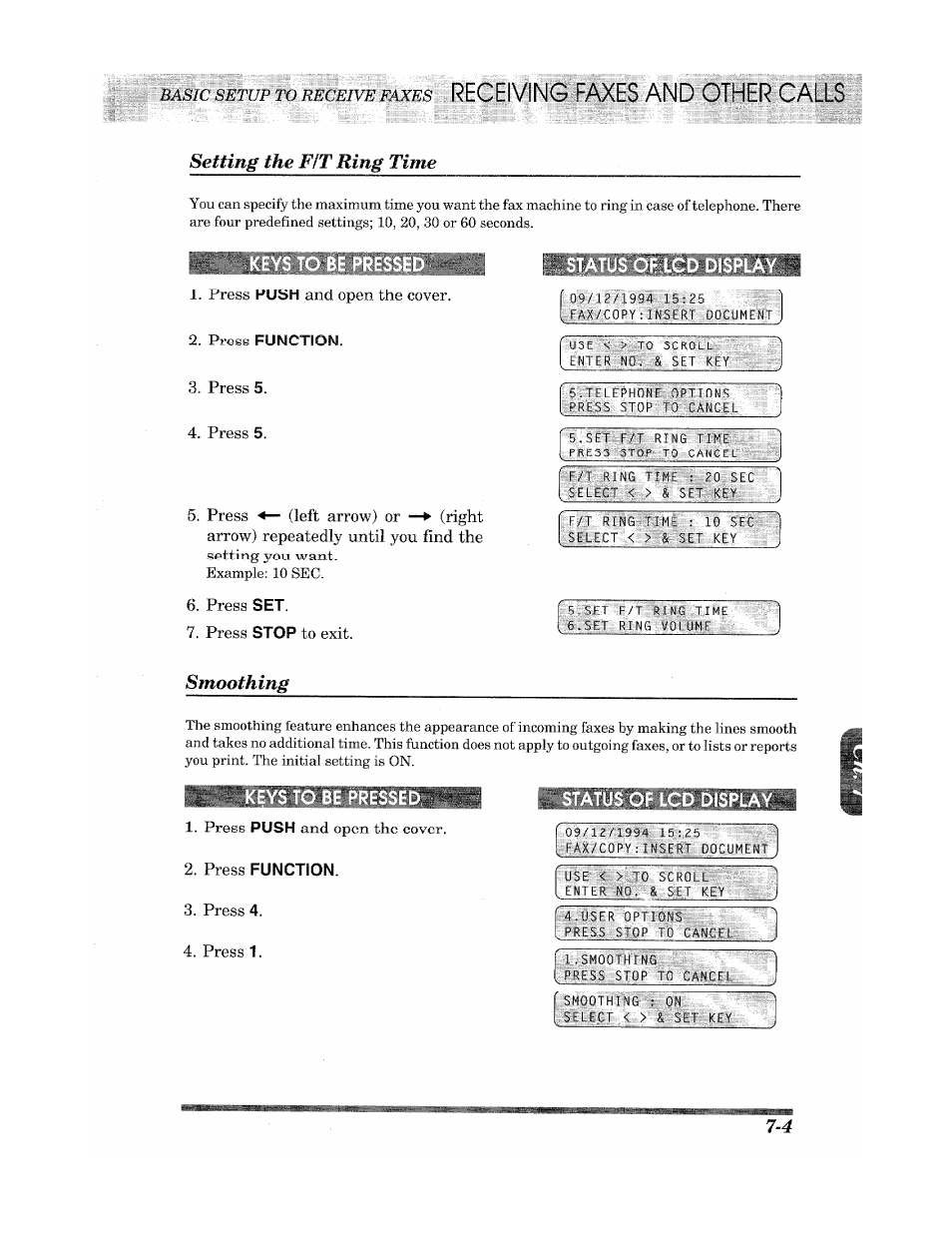 Status of lcd display, Press function, Keys to be presse | Status of lcd displa, Setting the fit ring time, Smoothing | Brother INTELLIFAX 900 User Manual | Page 61 / 104