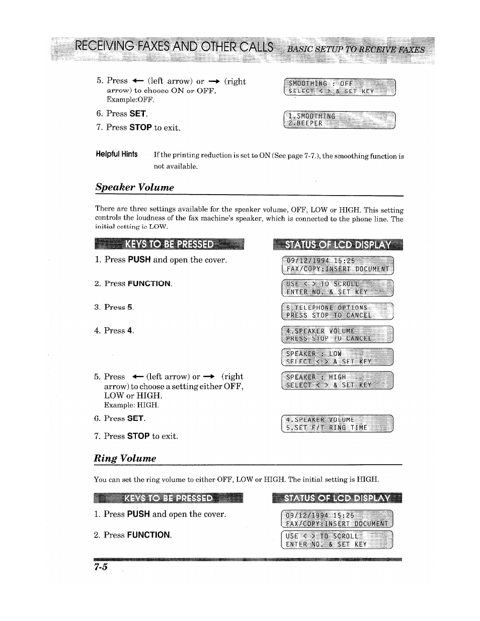 Keys to be pressed, Press function, Status of lcd display | Receiving, Speaker volume, Ring volume | Brother INTELLIFAX 900 User Manual | Page 62 / 104