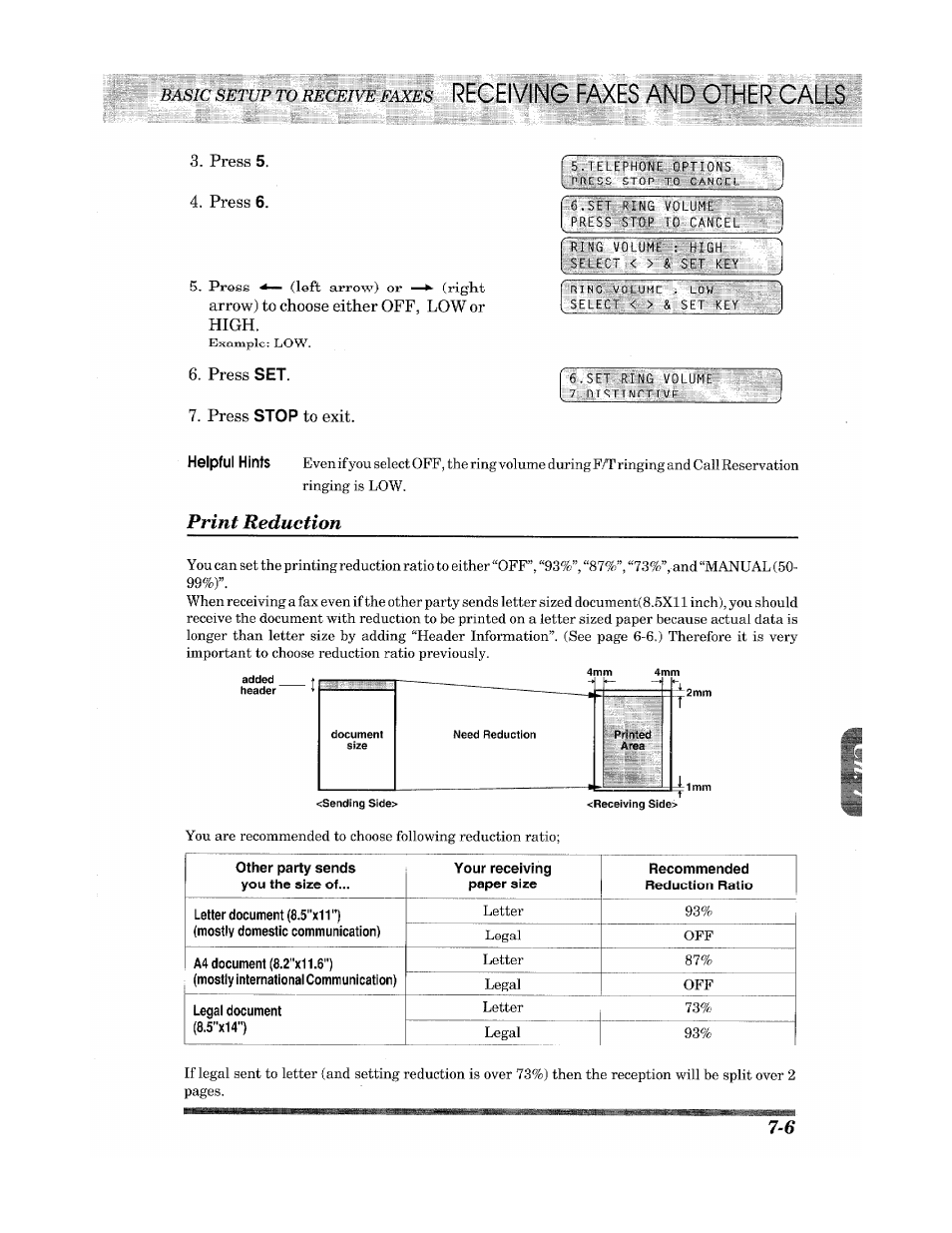 Print reduction, Press, Press 6 | Arrow) to choose either off, low or high | Brother INTELLIFAX 900 User Manual | Page 63 / 104