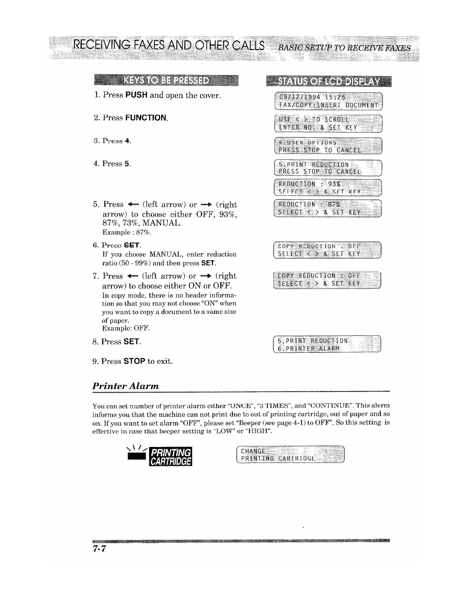 Keys to be pressed, Press function, Press set | Status of lcd display, Rgseivinq ^xes^nd, Cartridge, Printer alarm, Printing | Brother INTELLIFAX 900 User Manual | Page 64 / 104