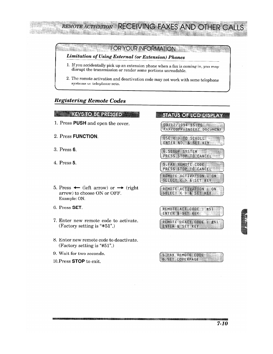 Keys to be pressed, Press function, Status of lcd display | Brother INTELLIFAX 900 User Manual | Page 67 / 104