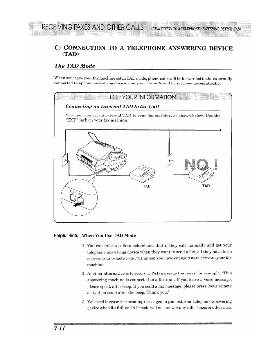 C) connection to a telephone answering device, The tad mode | Brother INTELLIFAX 900 User Manual | Page 68 / 104