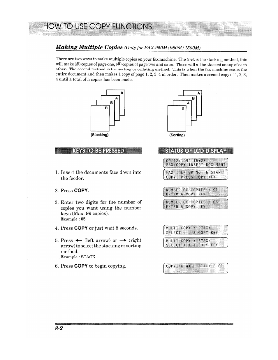 Bdlfli) use copy functions, Ys to be pr, Status of lcd display | Making multiple copies | Brother INTELLIFAX 900 User Manual | Page 76 / 104