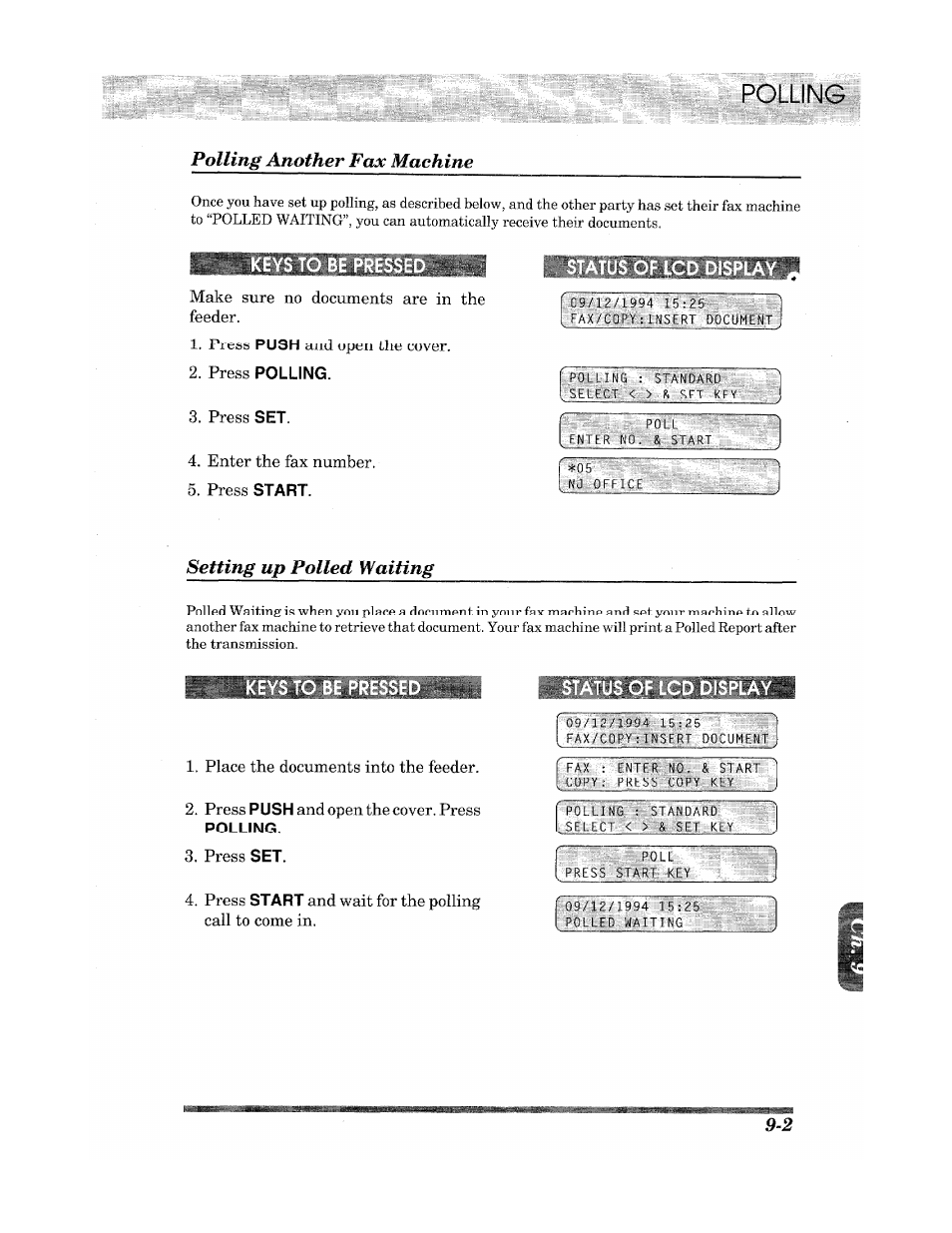 Status of lcd display, Polling another fax machine, Setting up polled waiting | Brother INTELLIFAX 900 User Manual | Page 79 / 104