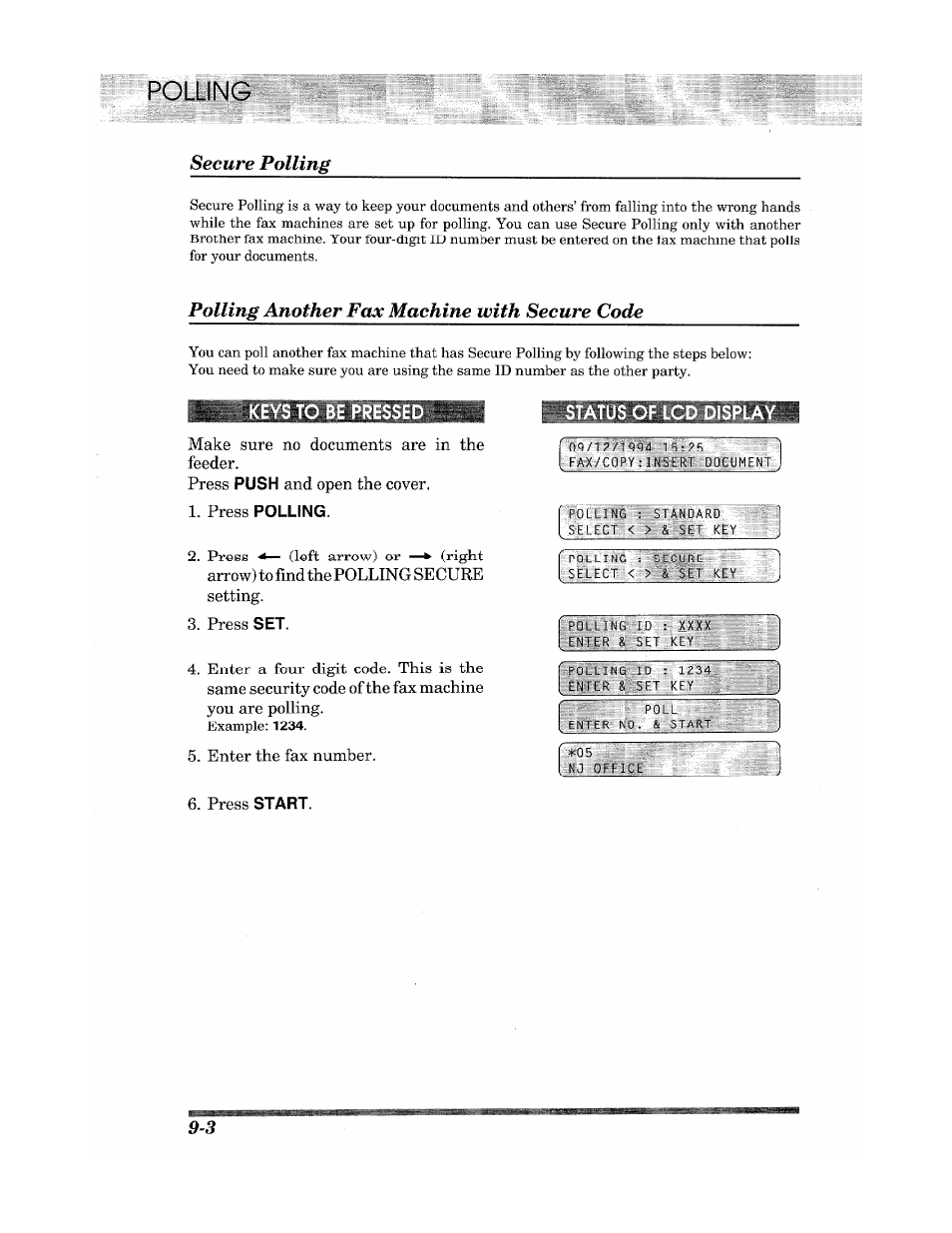 Polling, Polling secure polling, Polling another fax machine with secure code | Brother INTELLIFAX 900 User Manual | Page 80 / 104