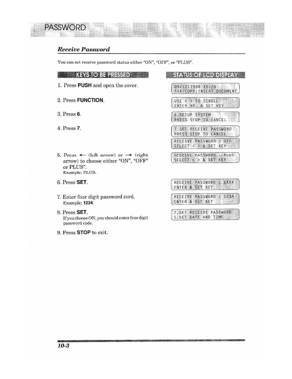 Password, Keys to be pressed, Press function | Receive password | Brother INTELLIFAX 900 User Manual | Page 84 / 104