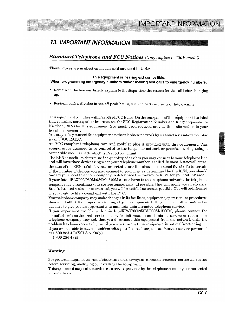 Important information 13. important information | Brother INTELLIFAX 900 User Manual | Page 95 / 104