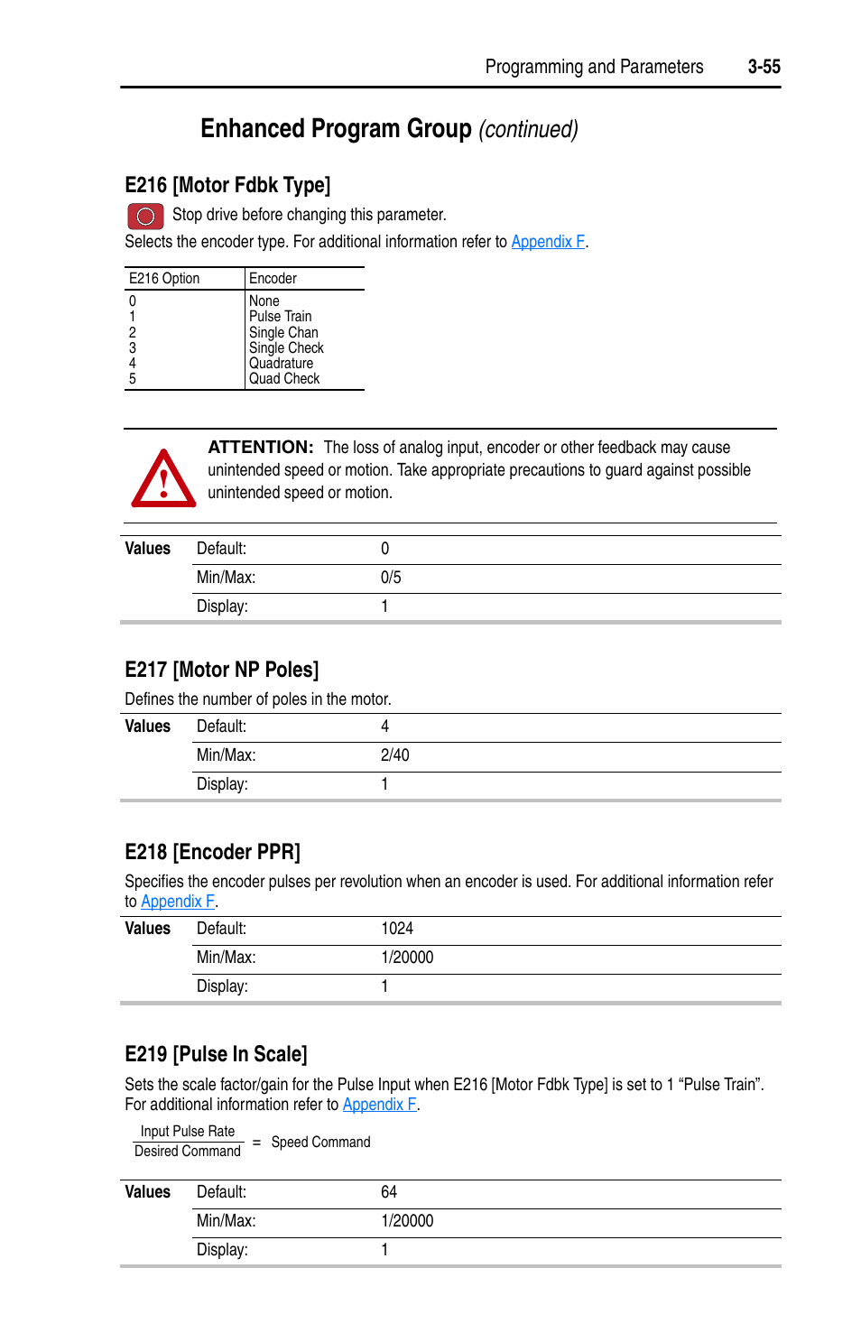 E216, Enhanced program group, Continued) | E216 [motor fdbk type, E217 [motor np poles, E218 [encoder ppr, E219 [pulse in scale | Rockwell Automation 22D PowerFlex 40P User Manual, FRN 3 User Manual | Page 101 / 200