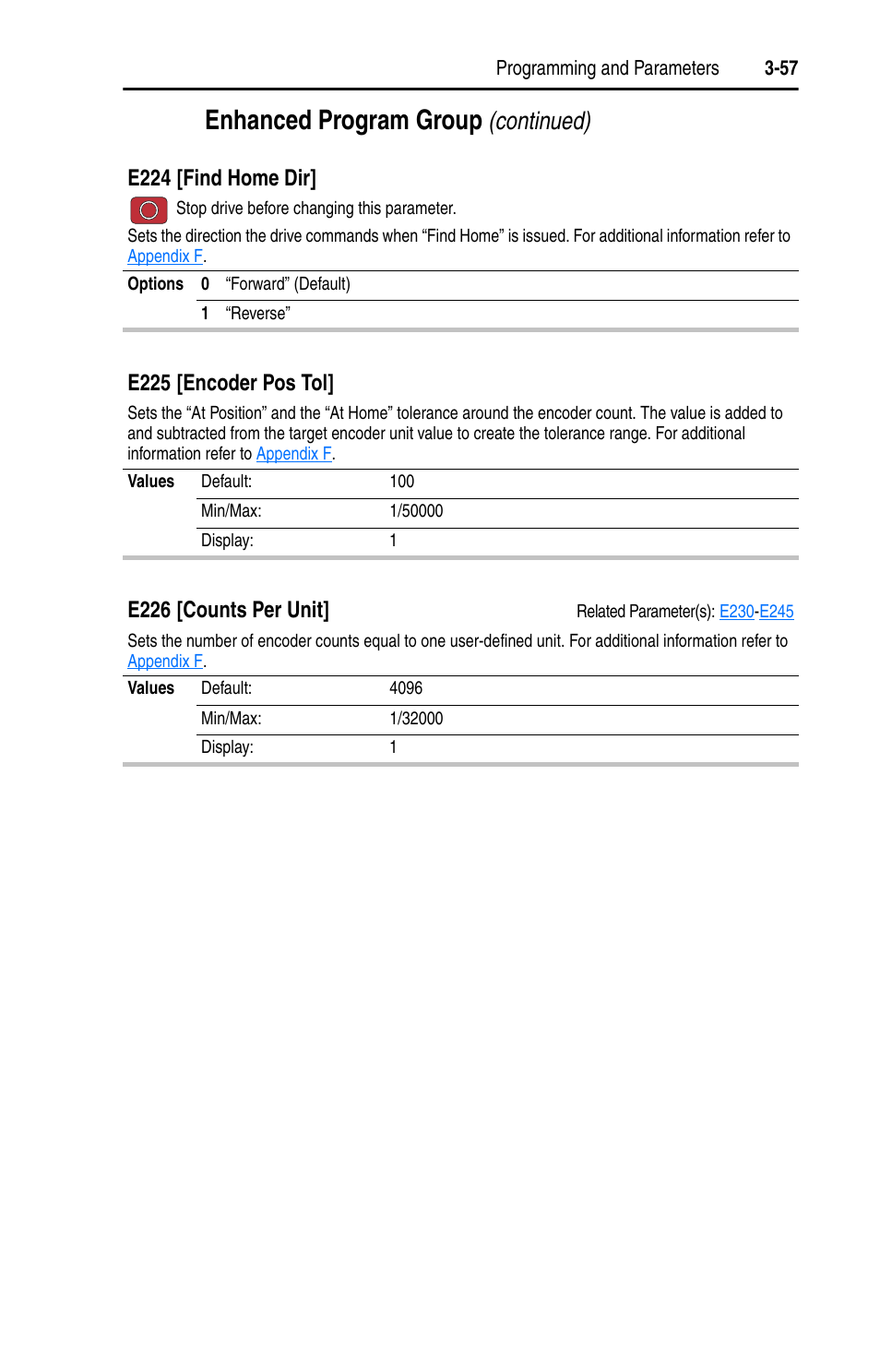 E225, Enhanced program group, Continued) | E224 [find home dir, E225 [encoder pos tol, E226 [counts per unit | Rockwell Automation 22D PowerFlex 40P User Manual, FRN 3 User Manual | Page 103 / 200