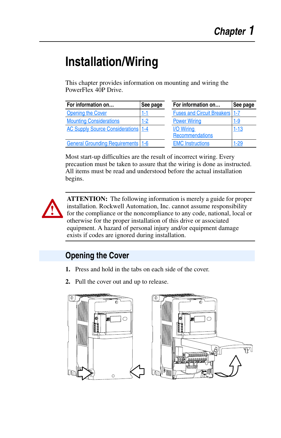 Chapter 1, Installation/wiring, Opening the cover | Opening the cover -1, 1installation/wiring, Chapter | Rockwell Automation 22D PowerFlex 40P User Manual, FRN 3 User Manual | Page 11 / 200