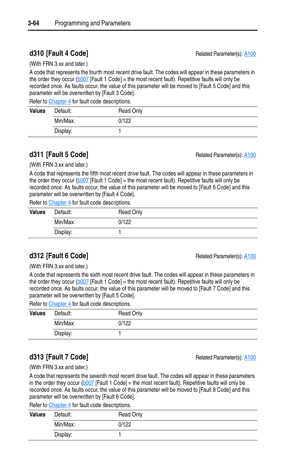 D310, D310 [fault 4 code, D311 [fault 5 code | D312 [fault 6 code, D313 [fault 7 code | Rockwell Automation 22D PowerFlex 40P User Manual, FRN 3 User Manual | Page 110 / 200