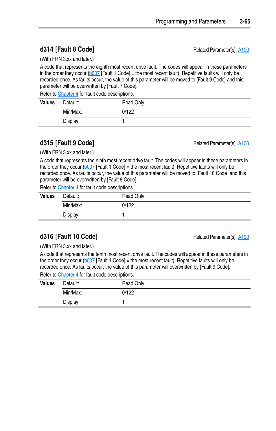 D316, D314 [fault 8 code, D315 [fault 9 code | Rockwell Automation 22D PowerFlex 40P User Manual, FRN 3 User Manual | Page 111 / 200