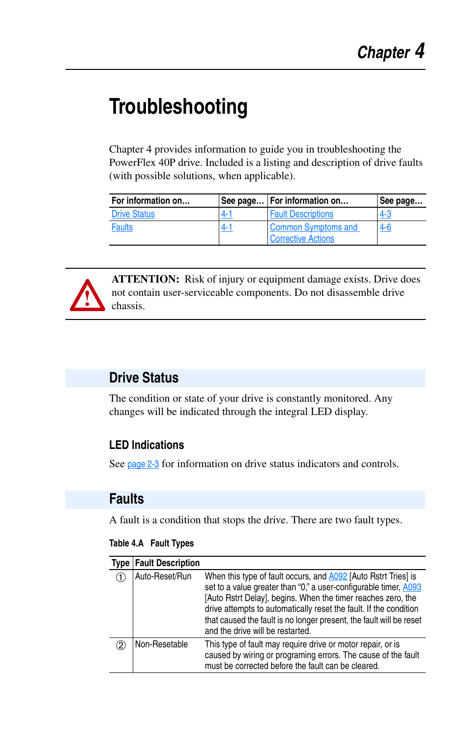 Chapter 4, Troubleshooting, Drive status | Faults, Drive status -1 faults -1, 4troubleshooting, Chapter, Drive status faults | Rockwell Automation 22D PowerFlex 40P User Manual, FRN 3 User Manual | Page 115 / 200