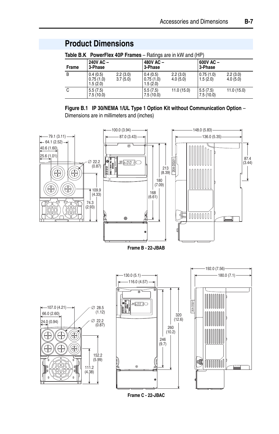 Product dimensions, Appendix b, Accessories and dimensions b-7 | Rockwell Automation 22D PowerFlex 40P User Manual, FRN 3 User Manual | Page 137 / 200