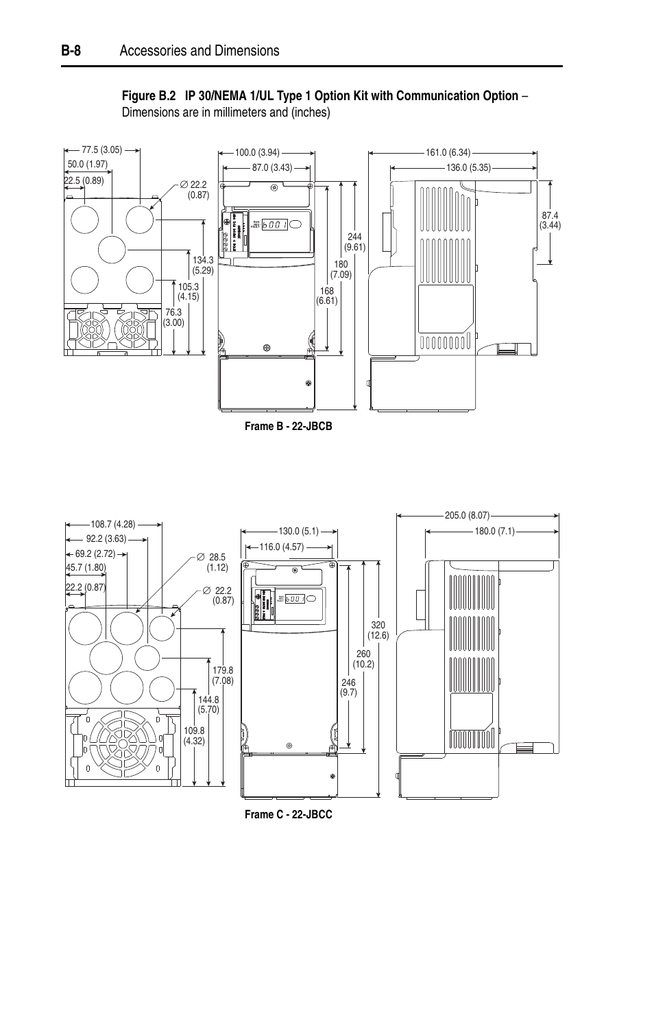 B-8 accessories and dimensions, Frame b - 22-jbcb frame c - 22-jbcc | Rockwell Automation 22D PowerFlex 40P User Manual, FRN 3 User Manual | Page 138 / 200
