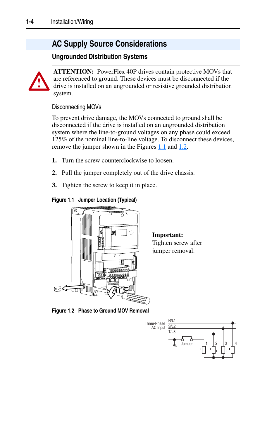 Ac supply source considerations, Ac supply source considerations -4, Ac supply source considerations 1-4 | Ungrounded distribution systems | Rockwell Automation 22D PowerFlex 40P User Manual, FRN 3 User Manual | Page 14 / 200