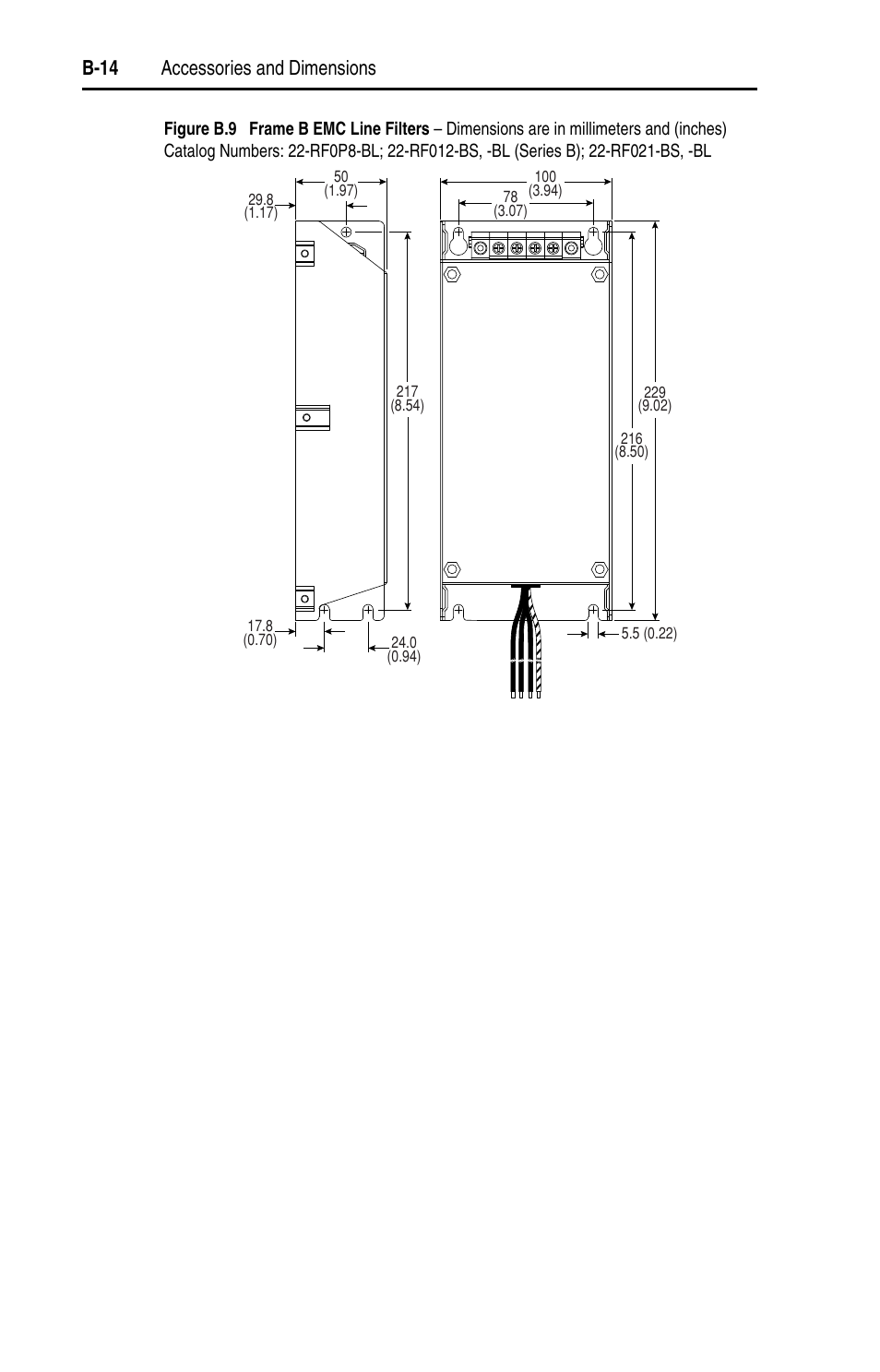 B-14 accessories and dimensions | Rockwell Automation 22D PowerFlex 40P User Manual, FRN 3 User Manual | Page 144 / 200