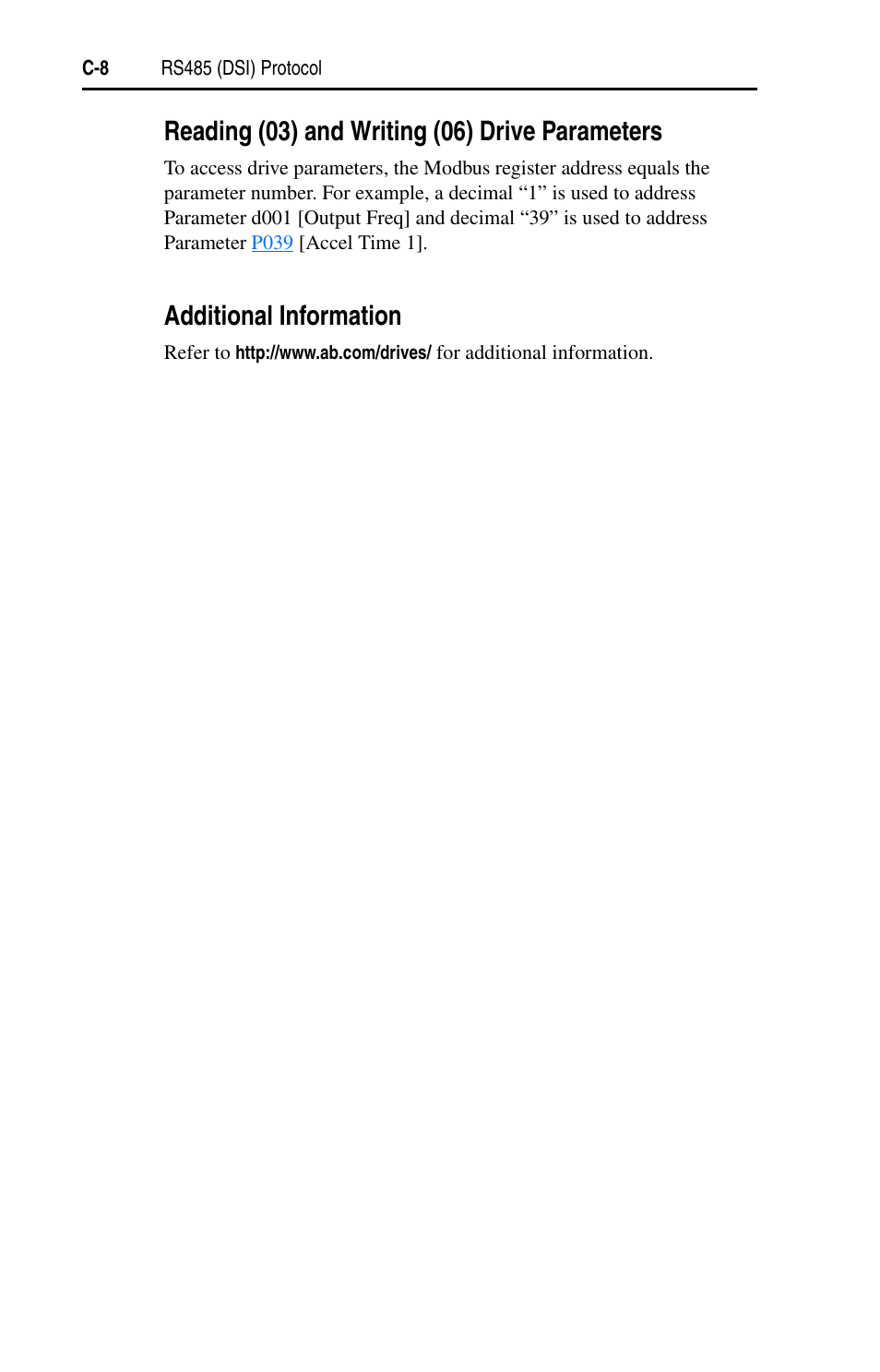 Reading (03) and writing (06) drive parameters, Additional information, Reading (03) and writing (06) drive | Rockwell Automation 22D PowerFlex 40P User Manual, FRN 3 User Manual | Page 156 / 200