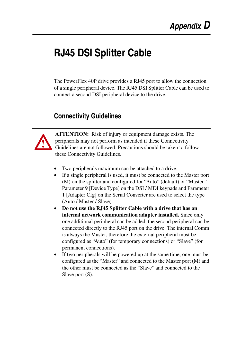 Appendix d, Rj45 dsi splitter cable, Connectivity guidelines | Drj45 dsi splitter cable, Appendix | Rockwell Automation 22D PowerFlex 40P User Manual, FRN 3 User Manual | Page 157 / 200