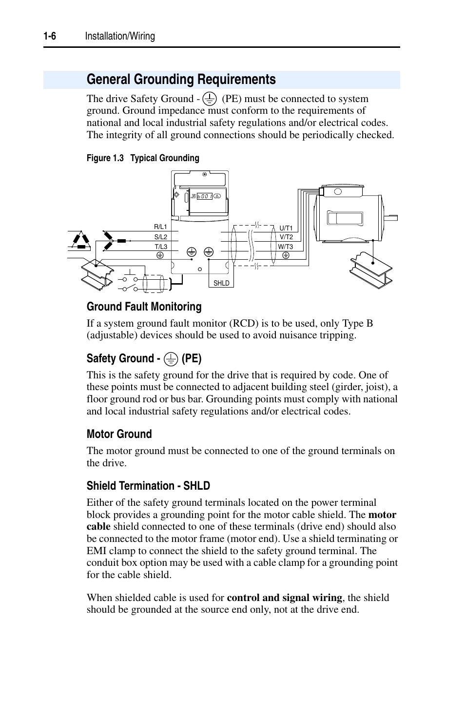 General grounding requirements, General grounding requirements -6, General grounding requirements 1-6 | Ground fault monitoring, Safety ground - (pe), Motor ground, Shield termination - shld | Rockwell Automation 22D PowerFlex 40P User Manual, FRN 3 User Manual | Page 16 / 200