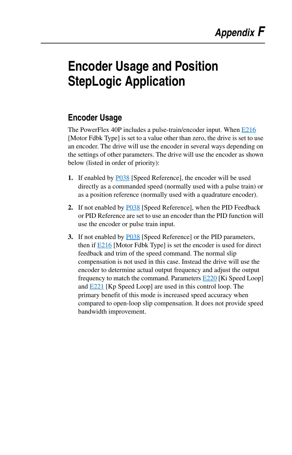 Appendix f, Encoder usage and position steplogic application, Encoder usage | R to, Fencoder usage and position steplogic application, Appendix | Rockwell Automation 22D PowerFlex 40P User Manual, FRN 3 User Manual | Page 169 / 200