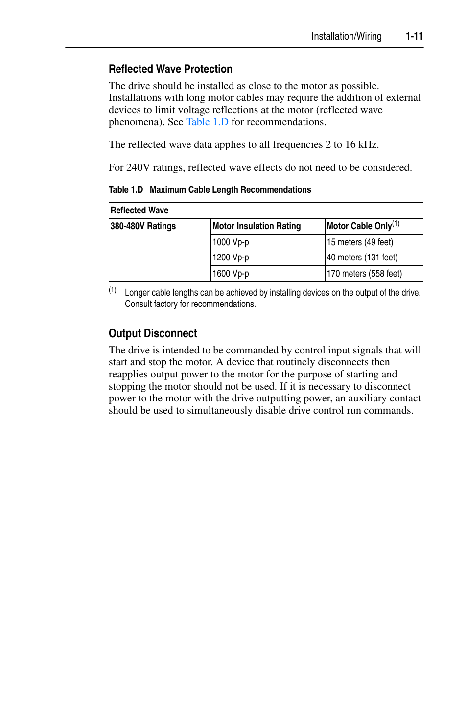 Reflected wave protection, Output disconnect | Rockwell Automation 22D PowerFlex 40P User Manual, FRN 3 User Manual | Page 21 / 200