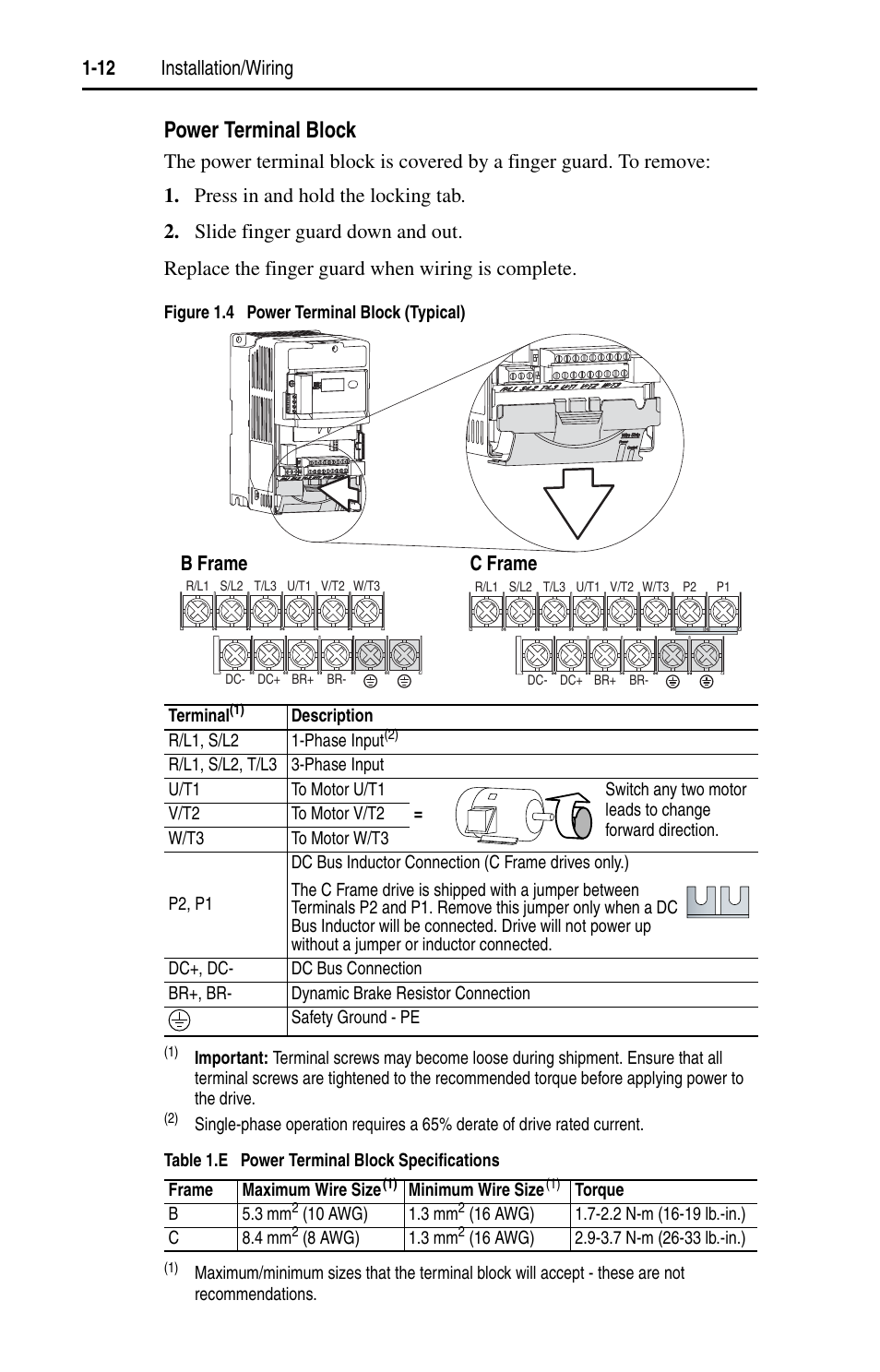 Power terminal block, 12 installation/wiring, B frame c frame | Rockwell Automation 22D PowerFlex 40P User Manual, FRN 3 User Manual | Page 22 / 200