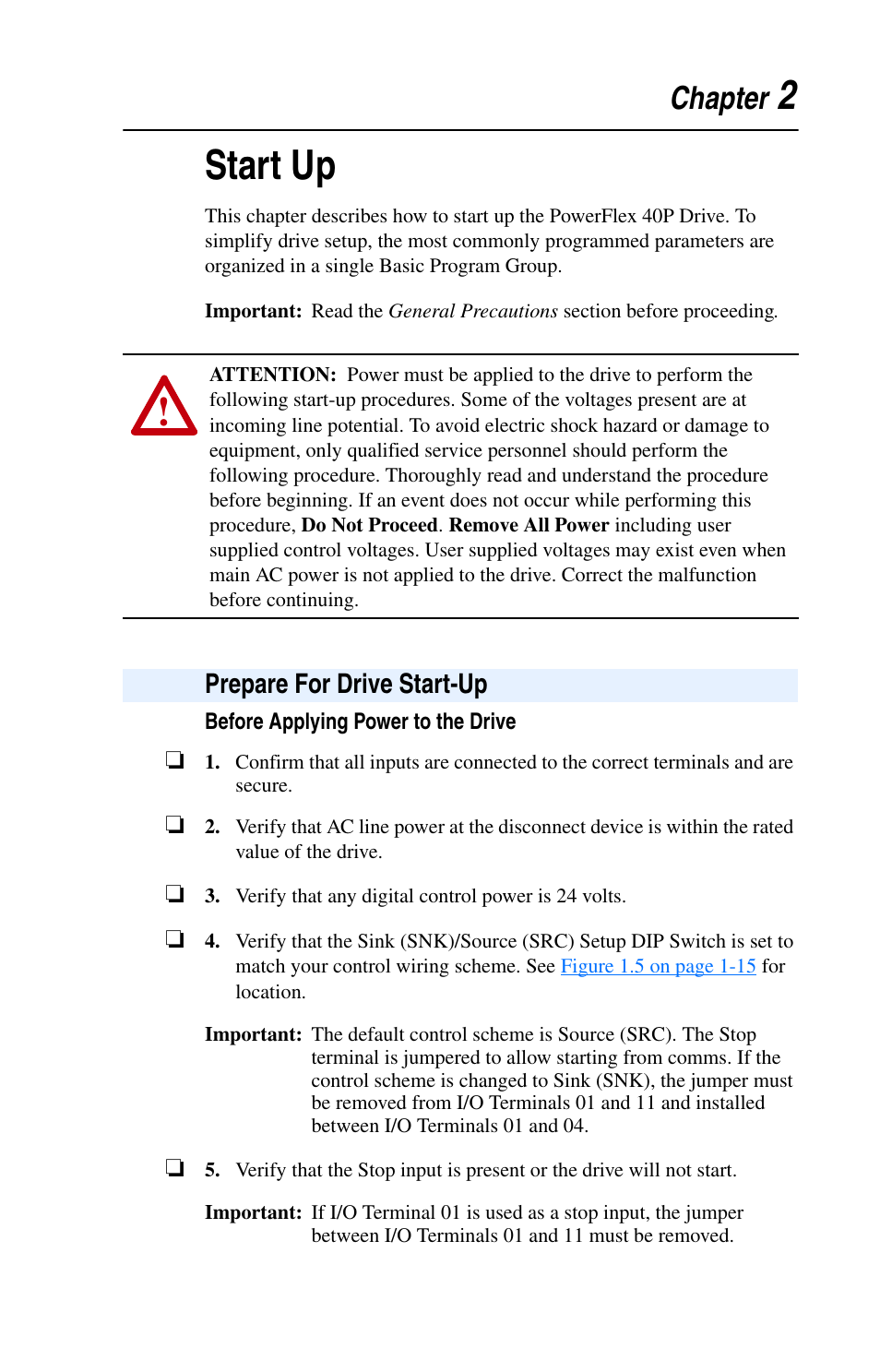 Chapter 2, Start up, Prepare for drive start-up | Prepare for drive start-up -1, 2start up, Chapter | Rockwell Automation 22D PowerFlex 40P User Manual, FRN 3 User Manual | Page 43 / 200