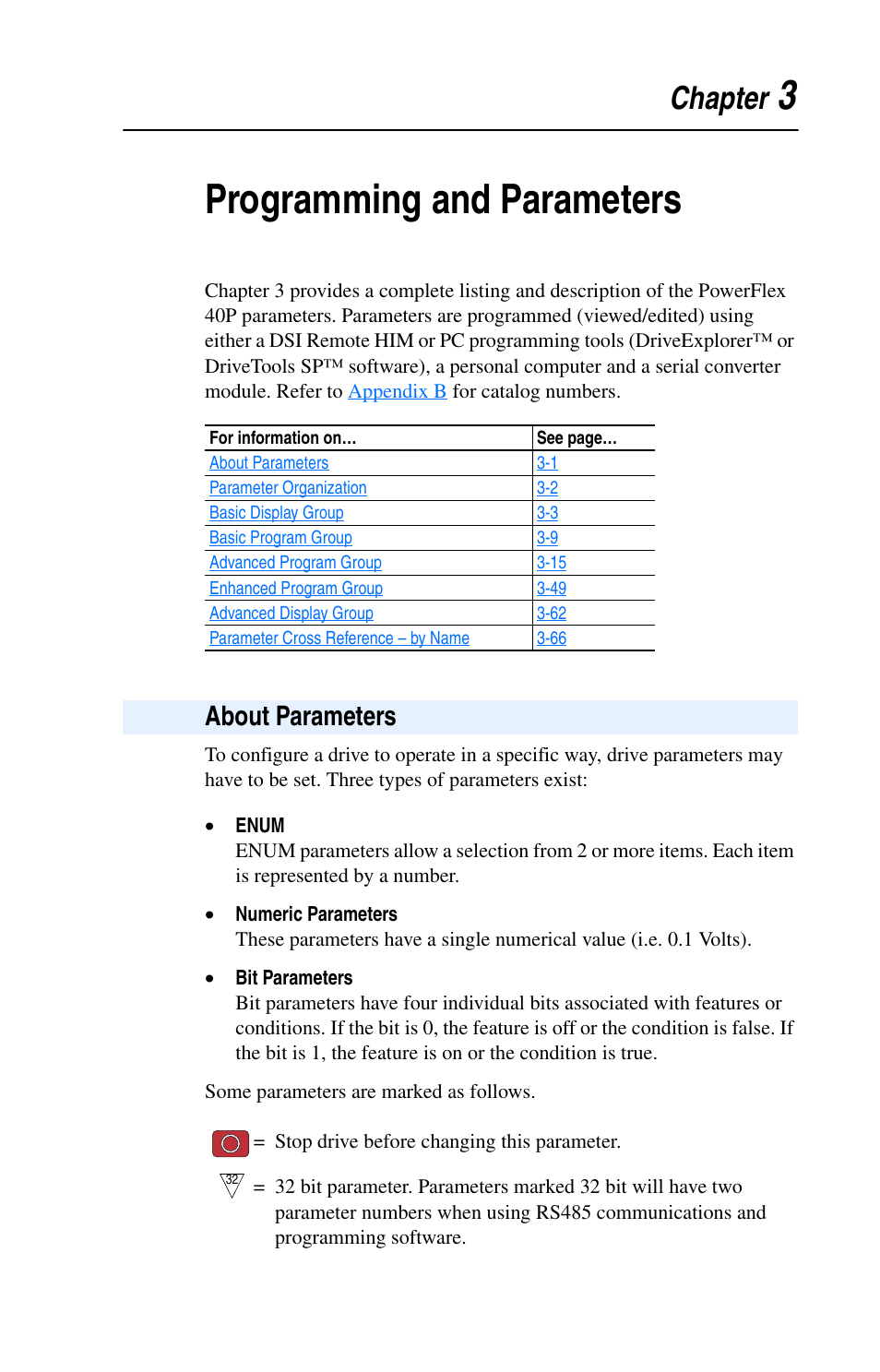 Chapter 3, Programming and parameters, About parameters | About parameters -1, 3programming and parameters, Chapter, About p arameters | Rockwell Automation 22D PowerFlex 40P User Manual, FRN 3 User Manual | Page 47 / 200