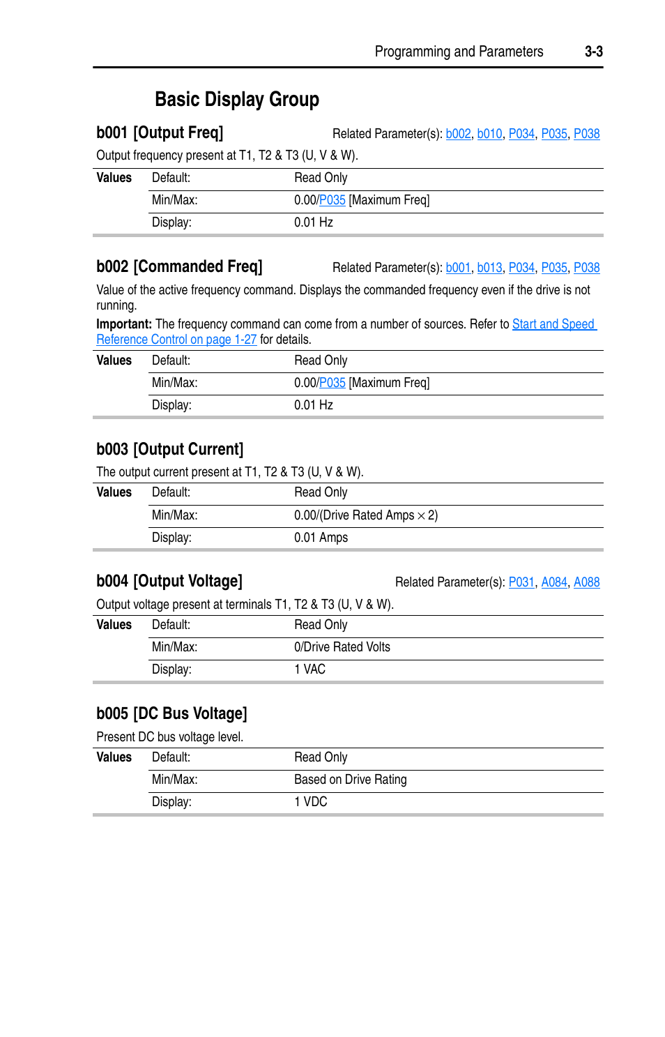 Basic display group, Basic display group -3, B001 [output freq | B002 [commanded freq, B003 [output current, B004 [output voltage, B005 [dc bus voltage | Rockwell Automation 22D PowerFlex 40P User Manual, FRN 3 User Manual | Page 49 / 200