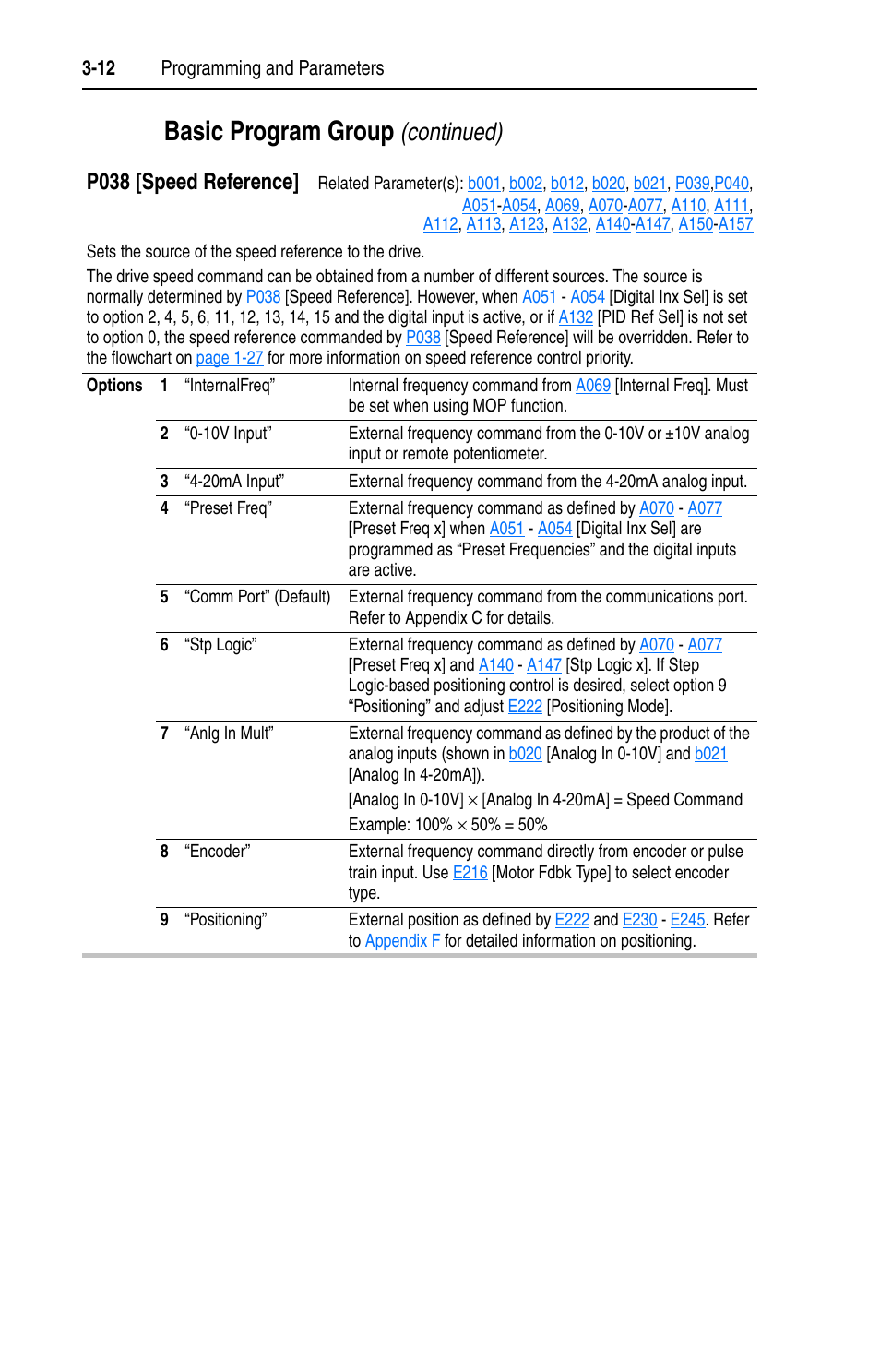 P038, When, Basic program group | Continued), P038 [speed reference | Rockwell Automation 22D PowerFlex 40P User Manual, FRN 3 User Manual | Page 58 / 200