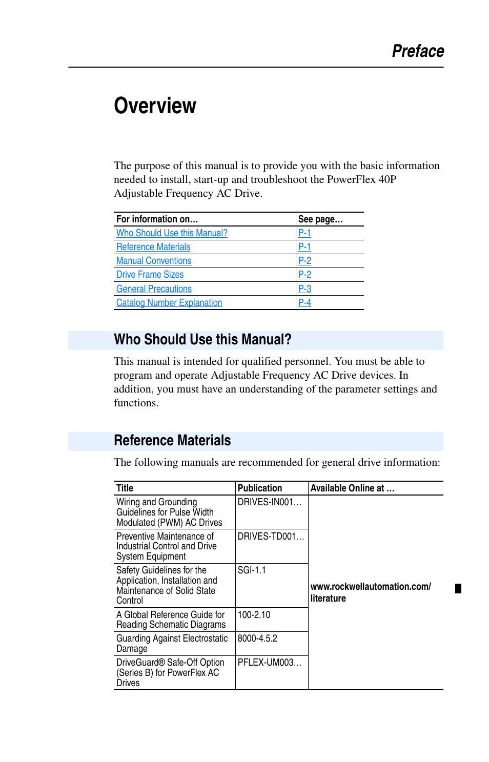 Preface, Overview, Who should use this manual | Reference materials, Preface-1, Who should use this manual? reference materials | Rockwell Automation 22D PowerFlex 40P User Manual, FRN 3 User Manual | Page 7 / 200