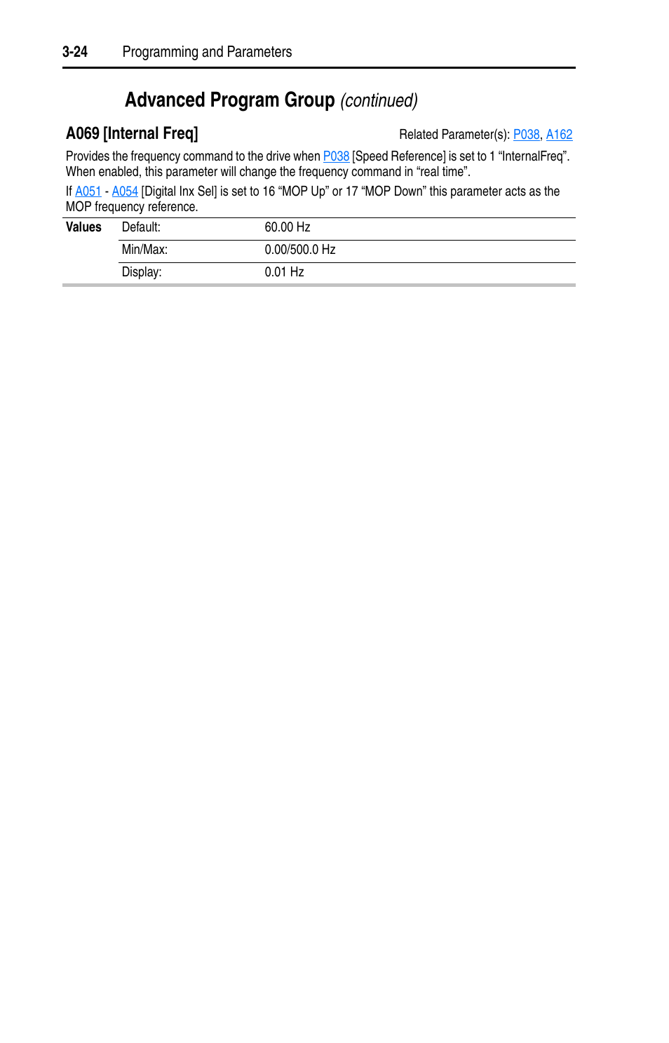 Advanced program group, Continued), A069 [internal freq | Rockwell Automation 22D PowerFlex 40P User Manual, FRN 3 User Manual | Page 70 / 200