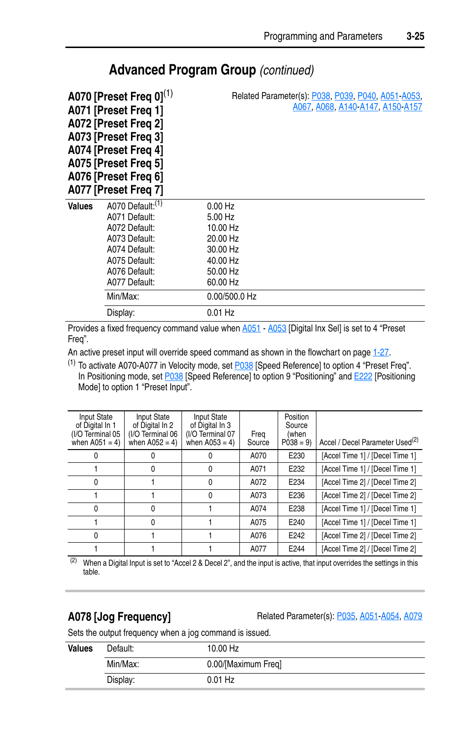 A070, A077, A078 | Advanced program group, Continued), A070 [preset freq 0, A078 [jog frequency, Programming and parameters 3-25 | Rockwell Automation 22D PowerFlex 40P User Manual, FRN 3 User Manual | Page 71 / 200