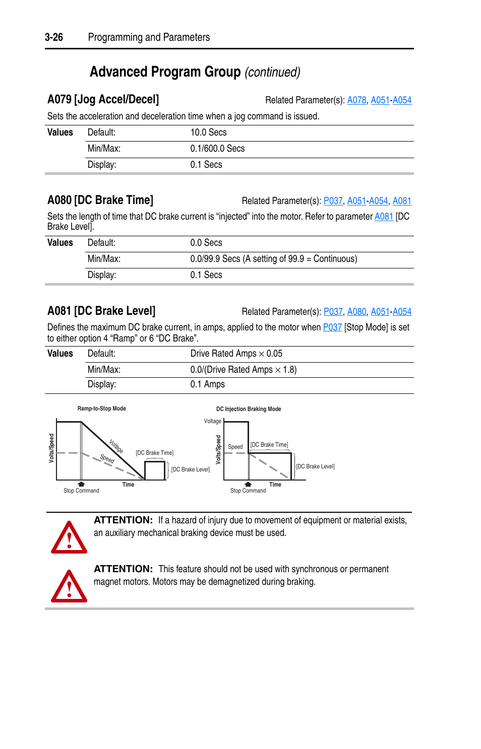 A080, A081, A079 | Advanced program group, Continued), A079 [jog accel/decel, A080 [dc brake time, A081 [dc brake level | Rockwell Automation 22D PowerFlex 40P User Manual, FRN 3 User Manual | Page 72 / 200