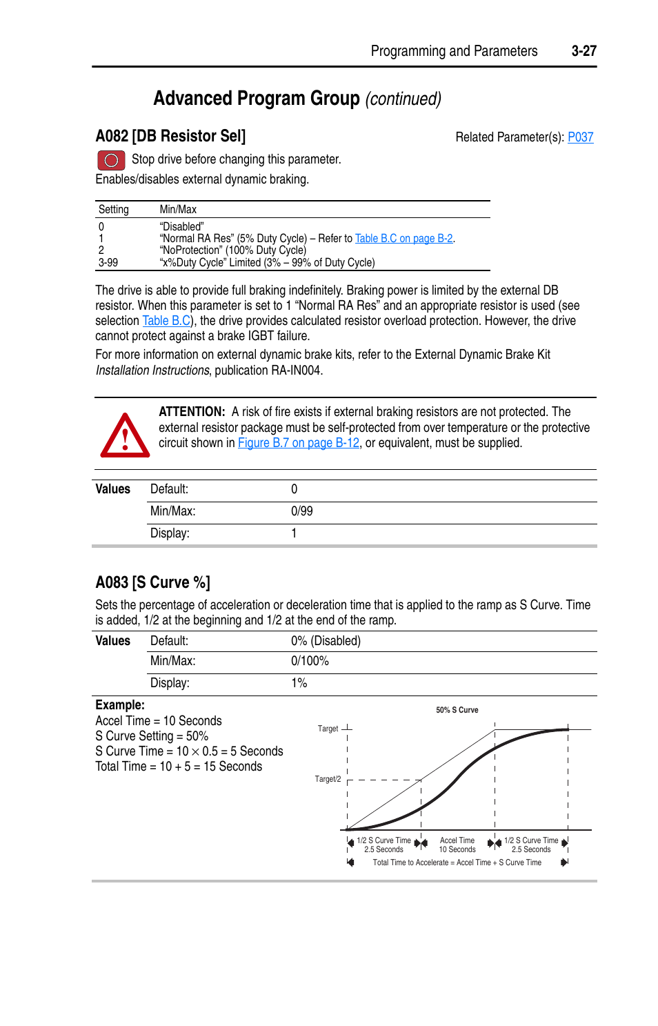 A082, Advanced program group, Continued) | A082 [db resistor sel, A083 [s curve, Programming and parameters 3-27 | Rockwell Automation 22D PowerFlex 40P User Manual, FRN 3 User Manual | Page 73 / 200