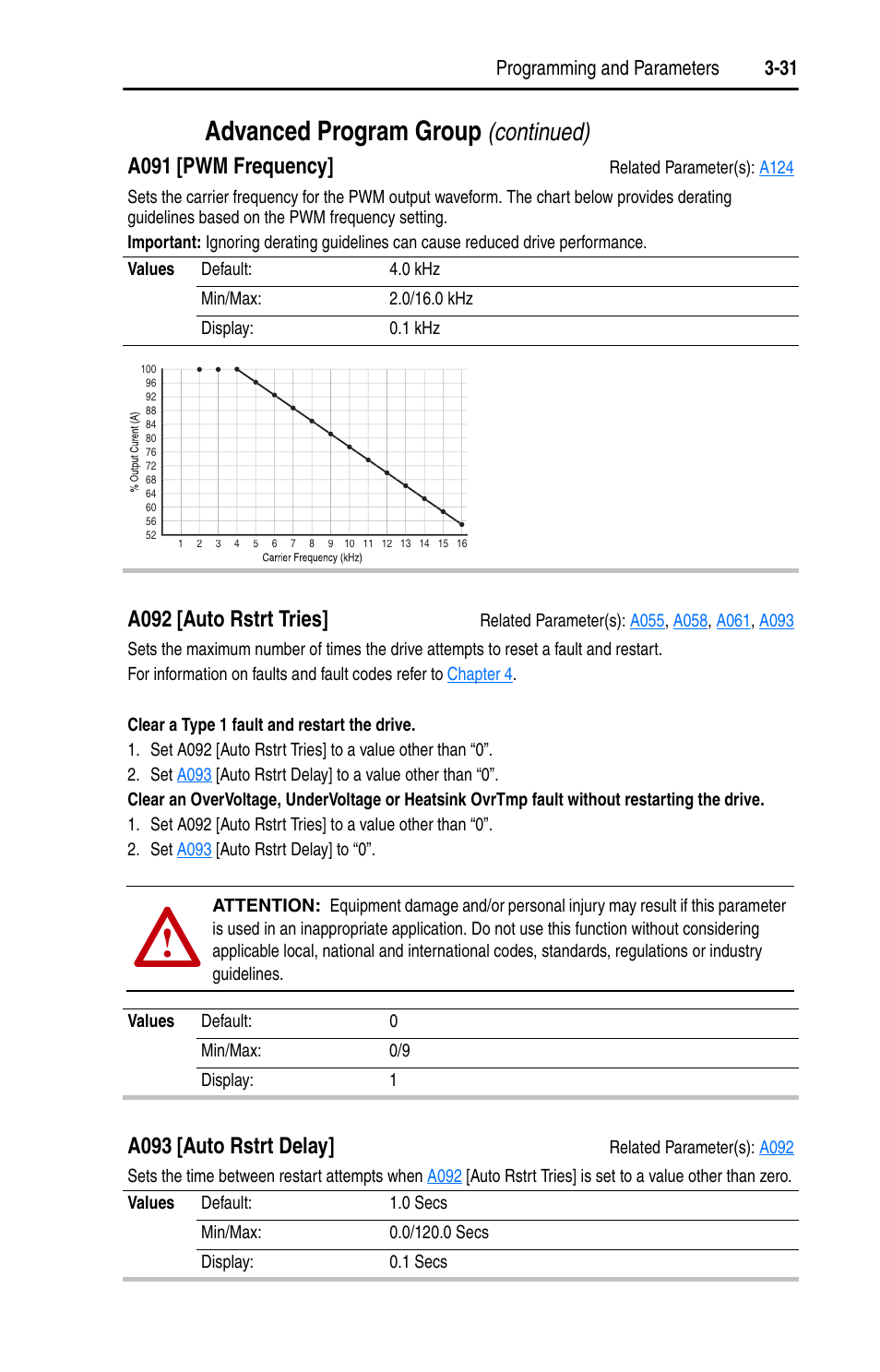 A092, Advanced program group, Continued) | A091 [pwm frequency, A092 [auto rstrt tries, A093 [auto rstrt delay, Programming and parameters 3-31 | Rockwell Automation 22D PowerFlex 40P User Manual, FRN 3 User Manual | Page 77 / 200