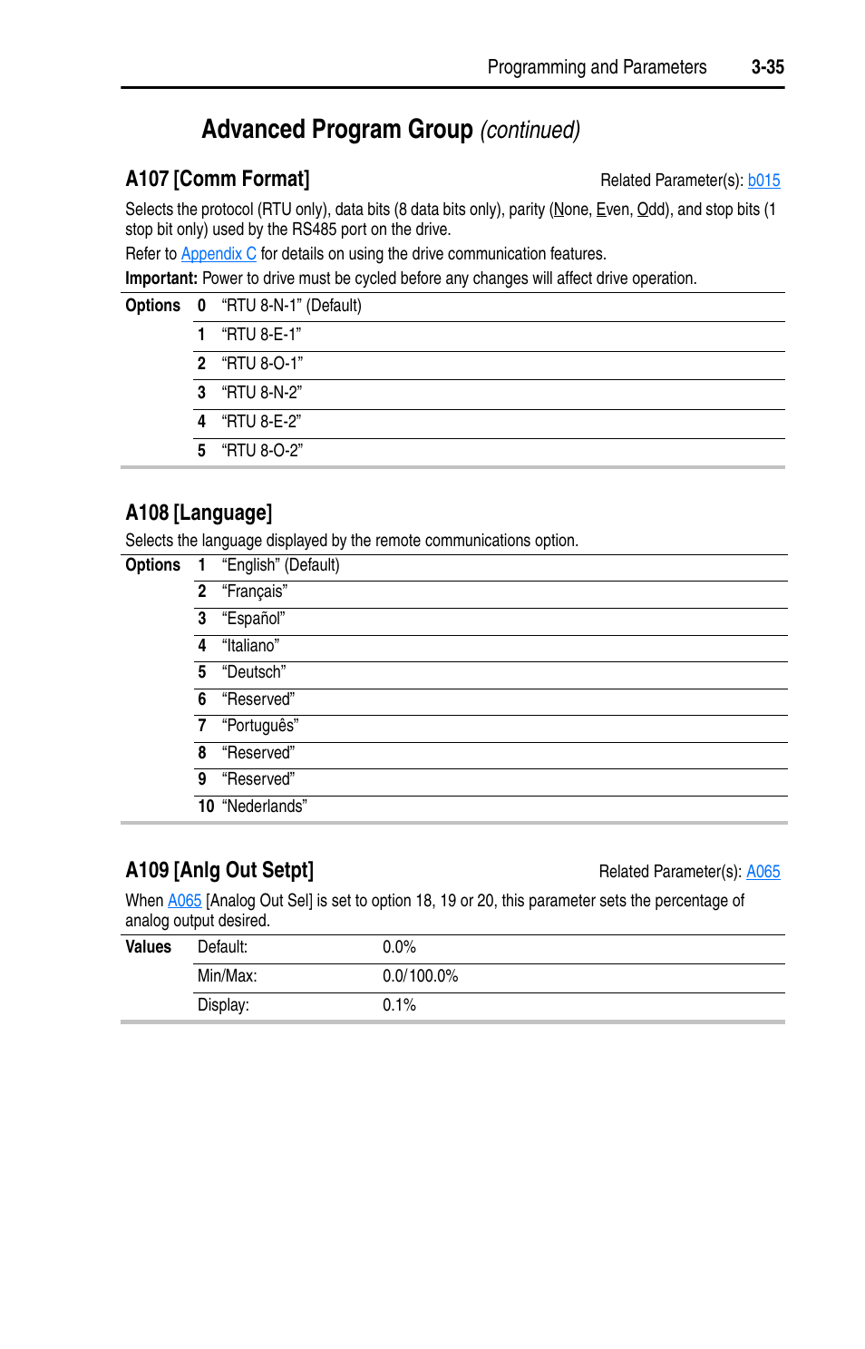 A107, A109, Advanced program group | Continued), A107 [comm format, A108 [language, A109 [anlg out setpt | Rockwell Automation 22D PowerFlex 40P User Manual, FRN 3 User Manual | Page 81 / 200