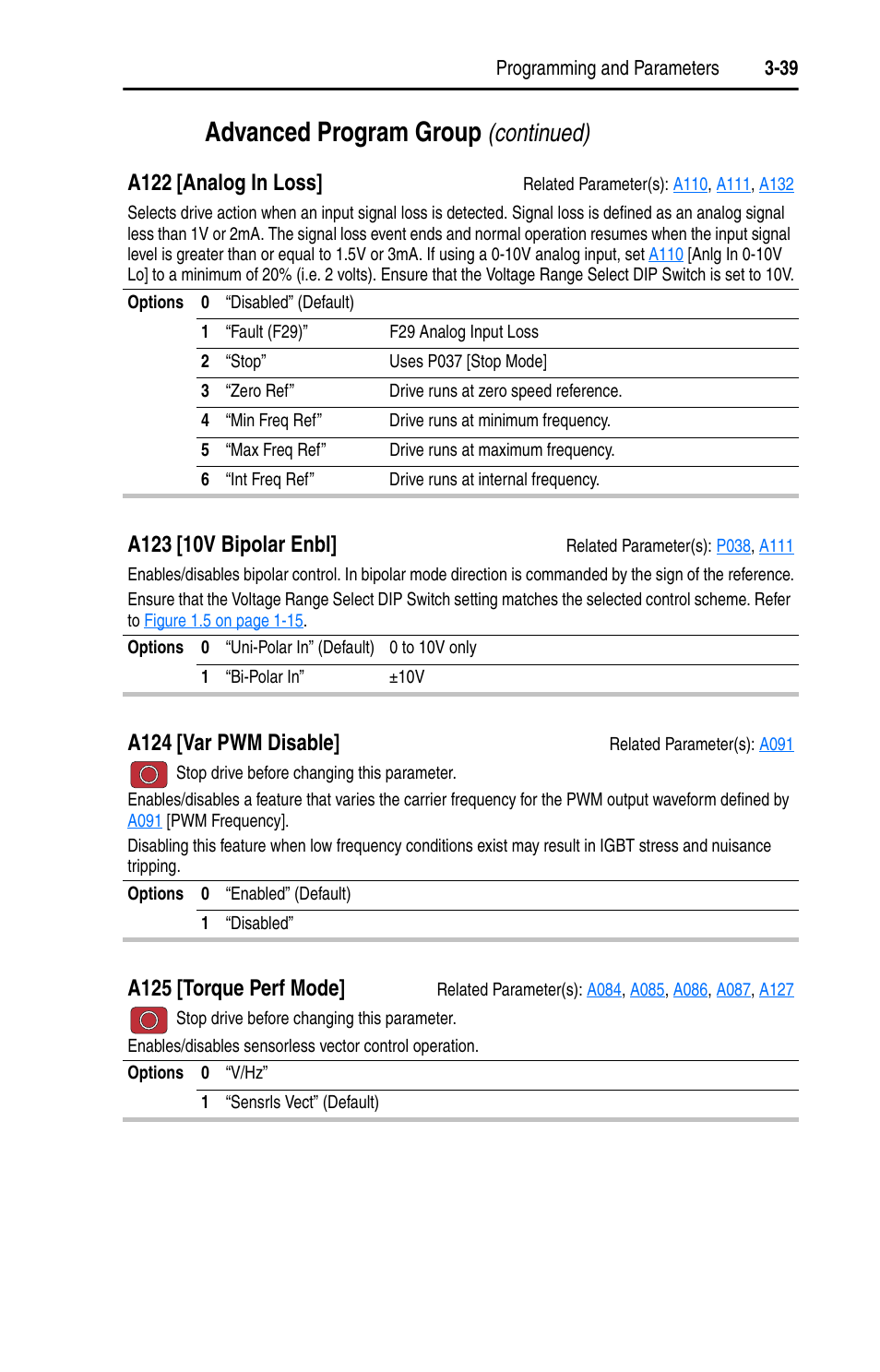 A123, E if, A122 | A125, When, A124, Advanced program group, Continued), A122 [analog in loss, A124 [var pwm disable | Rockwell Automation 22D PowerFlex 40P User Manual, FRN 3 User Manual | Page 85 / 200