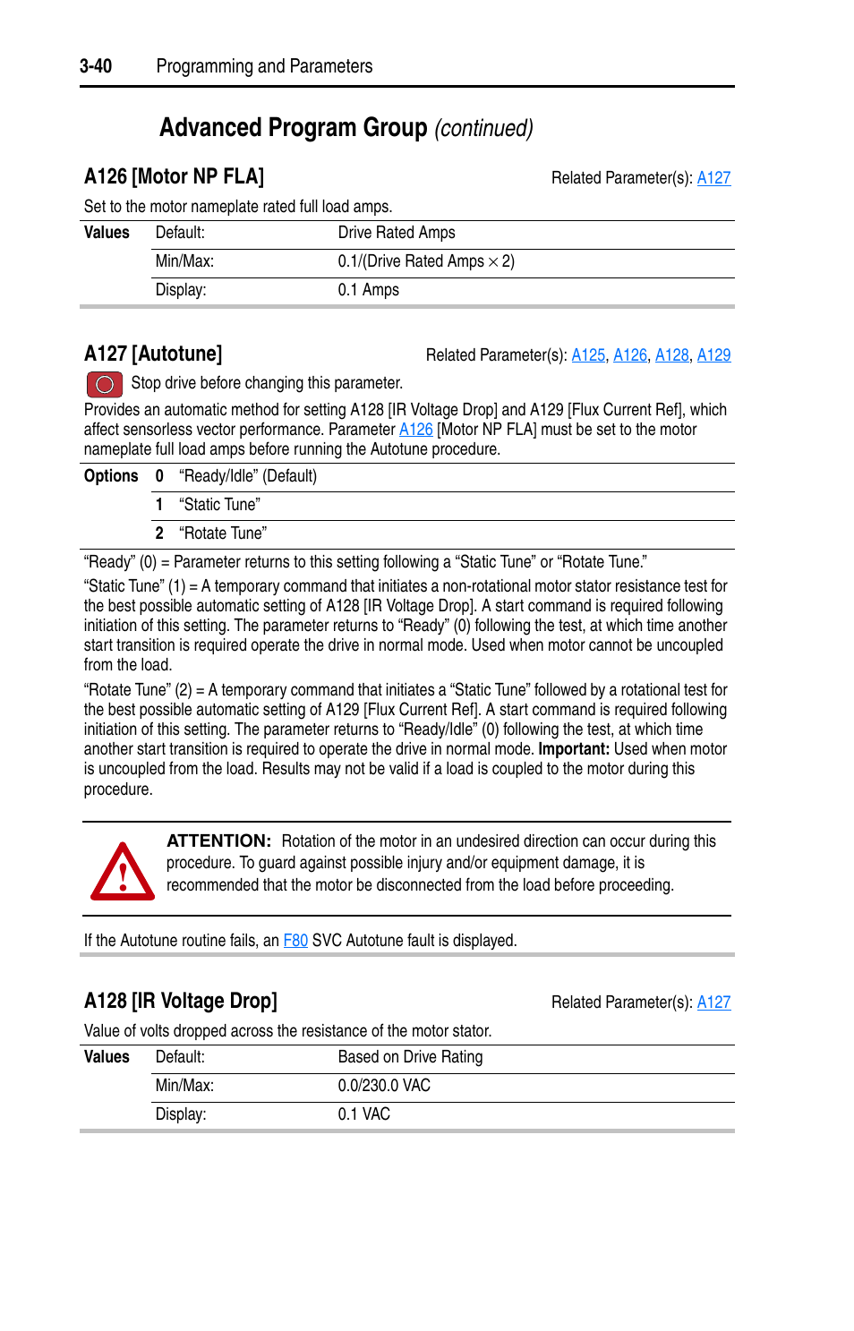 A127, Advanced program group, Continued) | A126 [motor np fla, A127 [autotune, A128 [ir voltage drop | Rockwell Automation 22D PowerFlex 40P User Manual, FRN 3 User Manual | Page 86 / 200