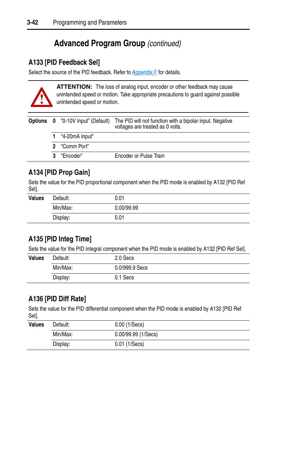 Advanced program group, Continued), A133 [pid feedback sel | A134 [pid prop gain, A135 [pid integ time, A136 [pid diff rate | Rockwell Automation 22D PowerFlex 40P User Manual, FRN 3 User Manual | Page 88 / 200