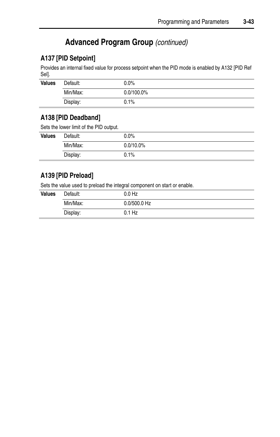 Advanced program group, Continued), A137 [pid setpoint | A138 [pid deadband, A139 [pid preload | Rockwell Automation 22D PowerFlex 40P User Manual, FRN 3 User Manual | Page 89 / 200